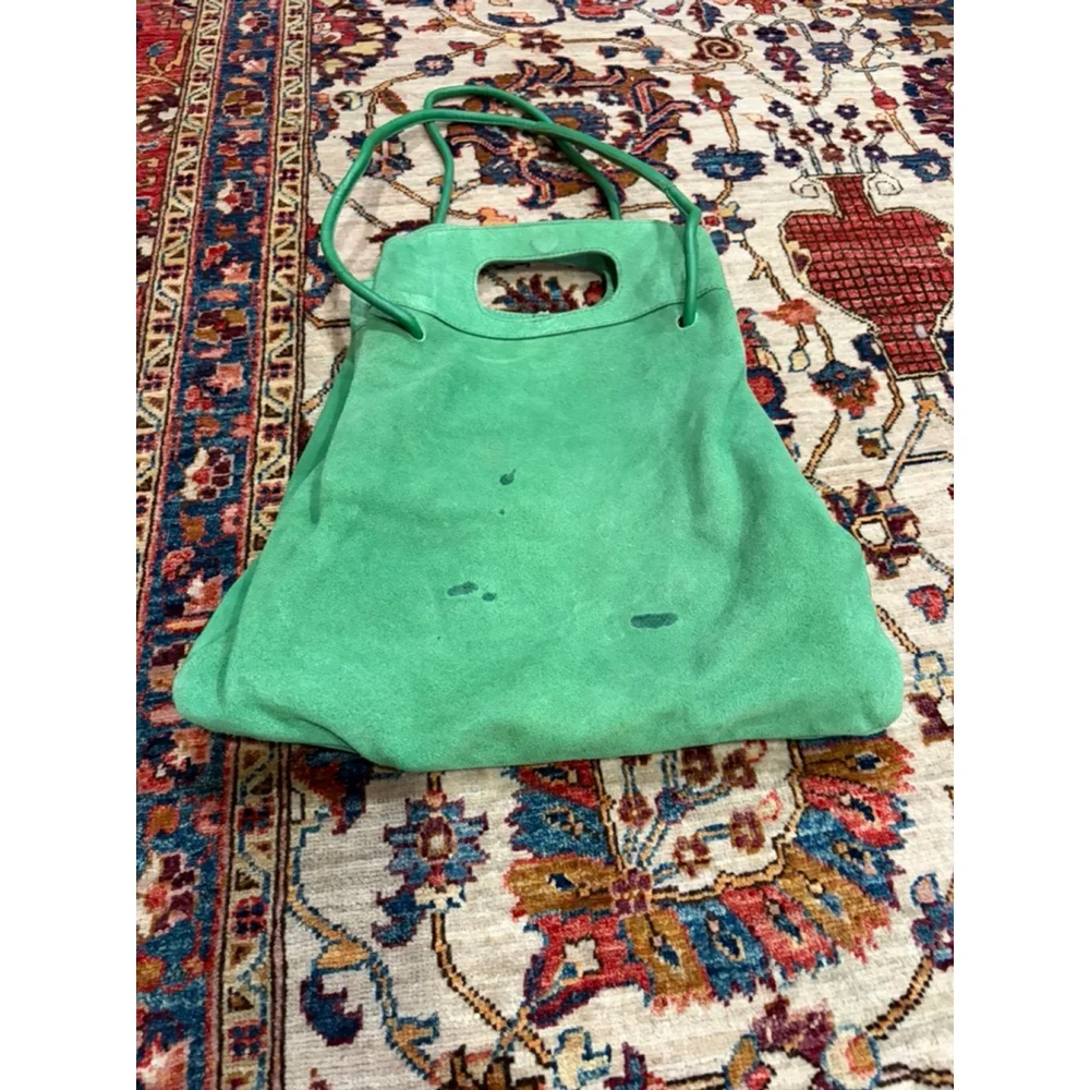 Free People Green Suede Leather Tote Shoulder Bag Cutout Handle Boho Slouch read